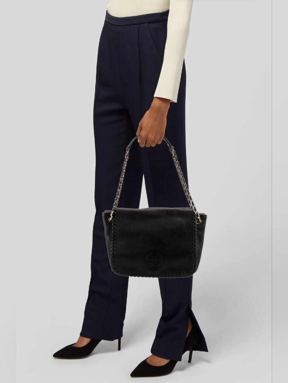 Tory Burch Black Pebble Leather Bombe Flap Shoulder Bag🖤💛 - Picture 15 of 16